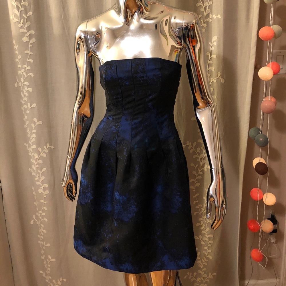 Blue Black Metallic Strapless Dress